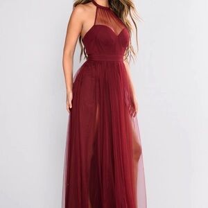 Fashion Nova Burgundy Sheer Maxi Dress